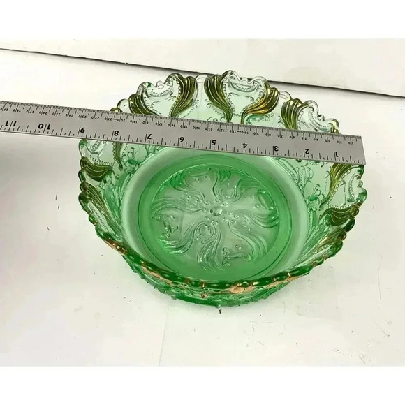 VTG Idyll Pattern Jefferson Pressed Glass Bowl Green Gold Accent - Picture 3 of 10